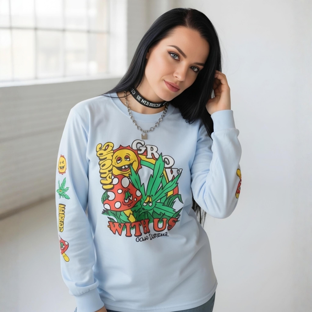 No Hours ✦ Grow Mushroom Graphic Long Sleeve Tee ✦ Light Blue Skate Core Size S